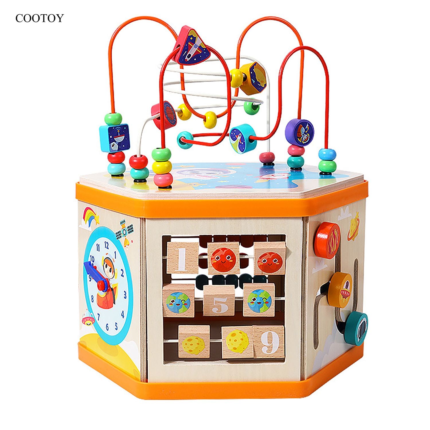 COOTOY Large Wooden Activity Cube, 6-Sided Bead Maze Busy Box Toy, Educational Activity Center for Toddlers