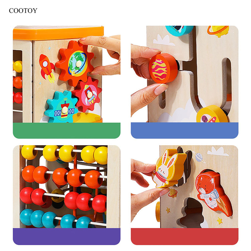 COOTOY Large Wooden Activity Cube, 6-Sided Bead Maze Busy Box Toy, Educational Activity Center for Toddlers