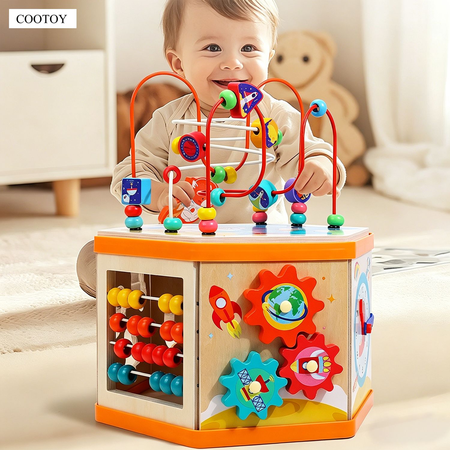 COOTOY Large Wooden Activity Cube, 6-Sided Bead Maze Busy Box Toy, Educational Activity Center for Toddlers