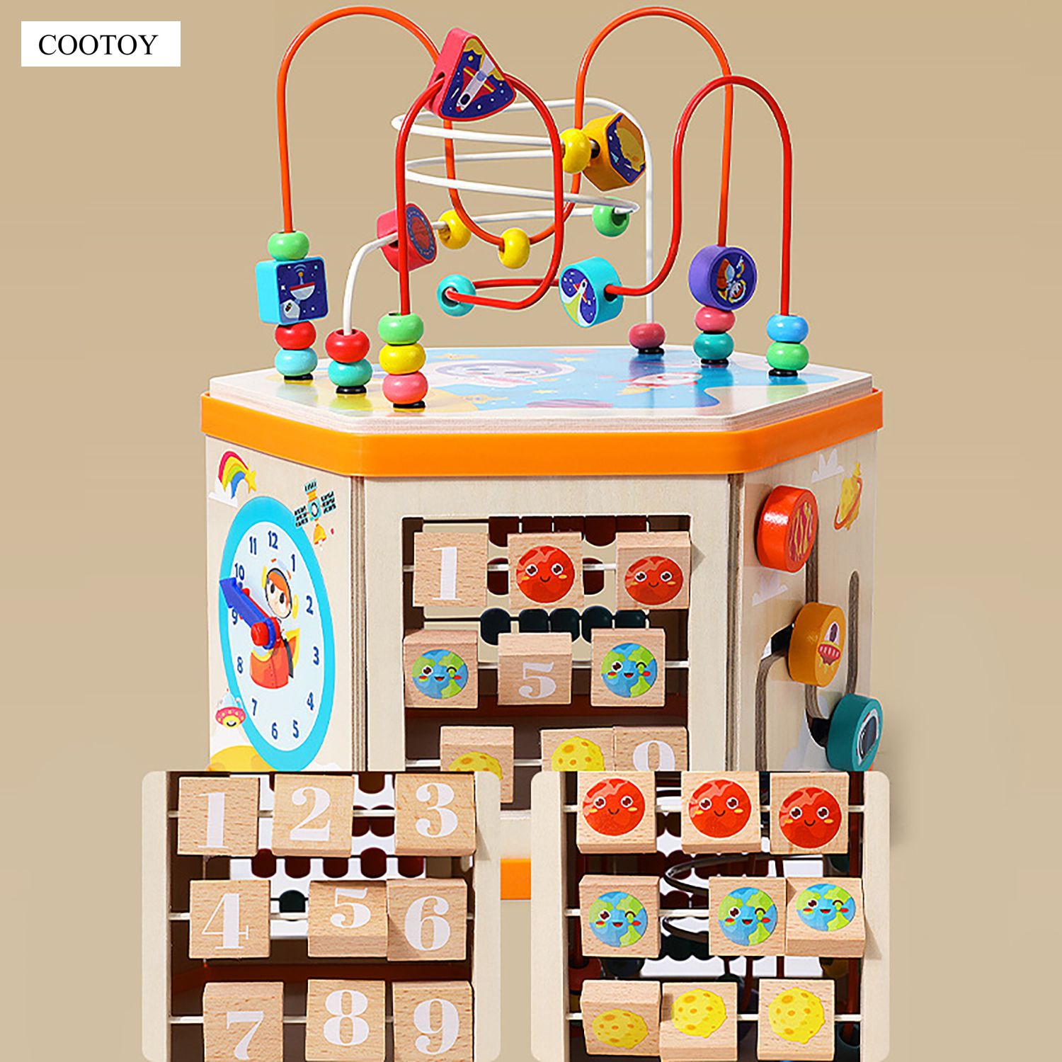 COOTOY Large Wooden Activity Cube, 6-Sided Bead Maze Busy Box Toy, Educational Activity Center for Toddlers