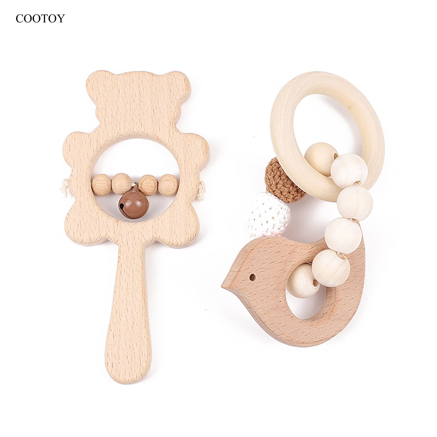 COOTOY 2PCS Baby Wooden Rattle Teether Set, Beech Wood Bear Animal Handheld Ring Rattles