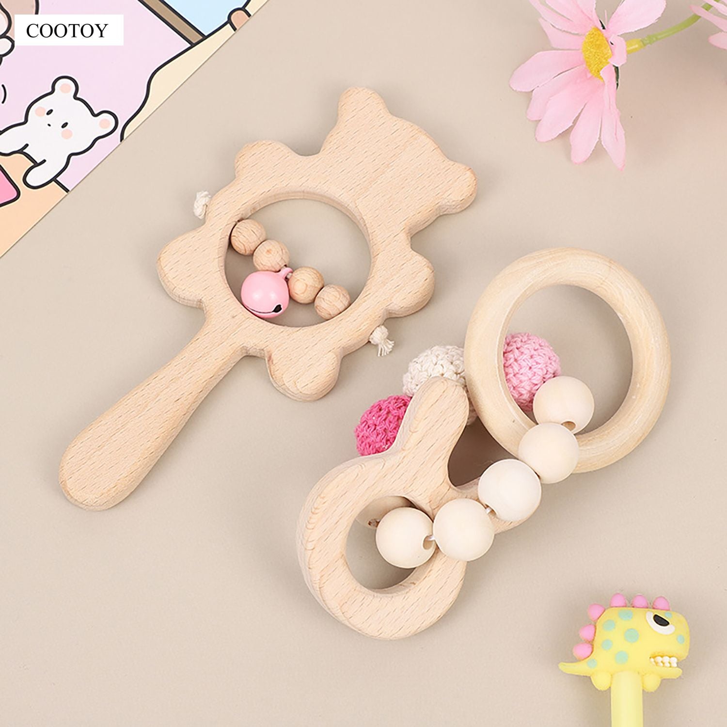 COOTOY 2PCS Baby Wooden Rattle Teether Set, Beech Wood Bear Animal Handheld Ring Rattles