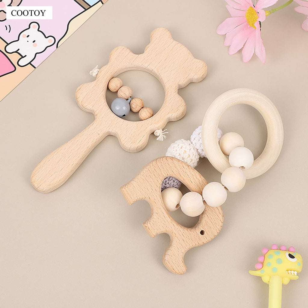 COOTOY 2PCS Baby Wooden Rattle Teether Set, Beech Wood Bear Animal Handheld Ring Rattles
