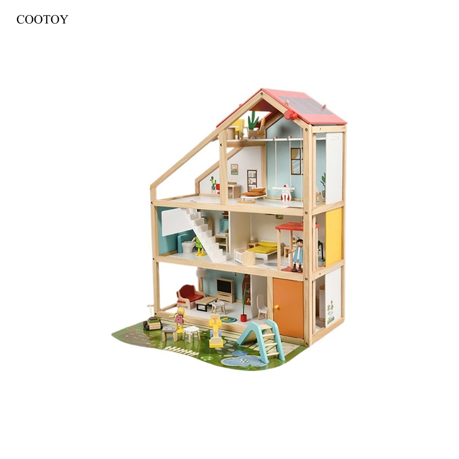 COOTOY Wooden Dollhouse for Kids, DIY Princess Villa Playhouse with Furniture Accessories