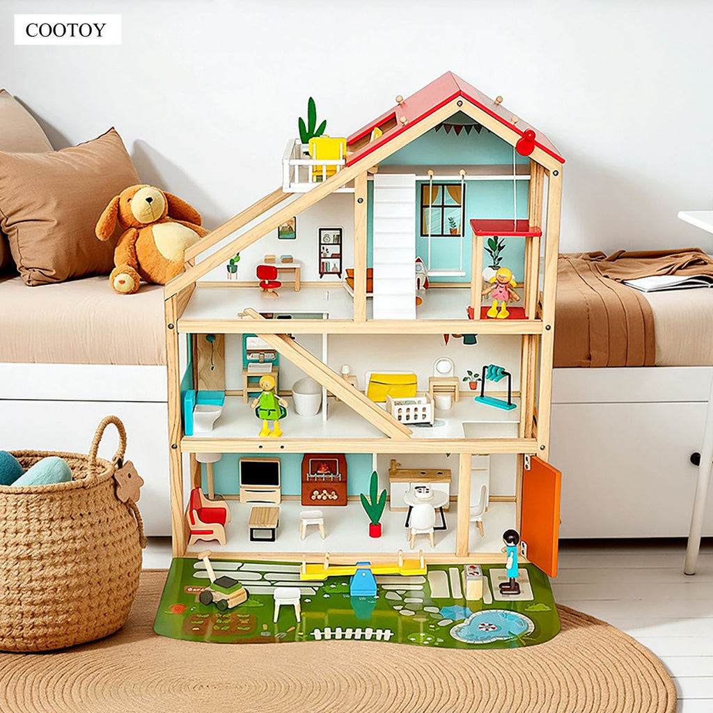 COOTOY Wooden Dollhouse for Kids, DIY Princess Villa Playhouse with Furniture Accessories