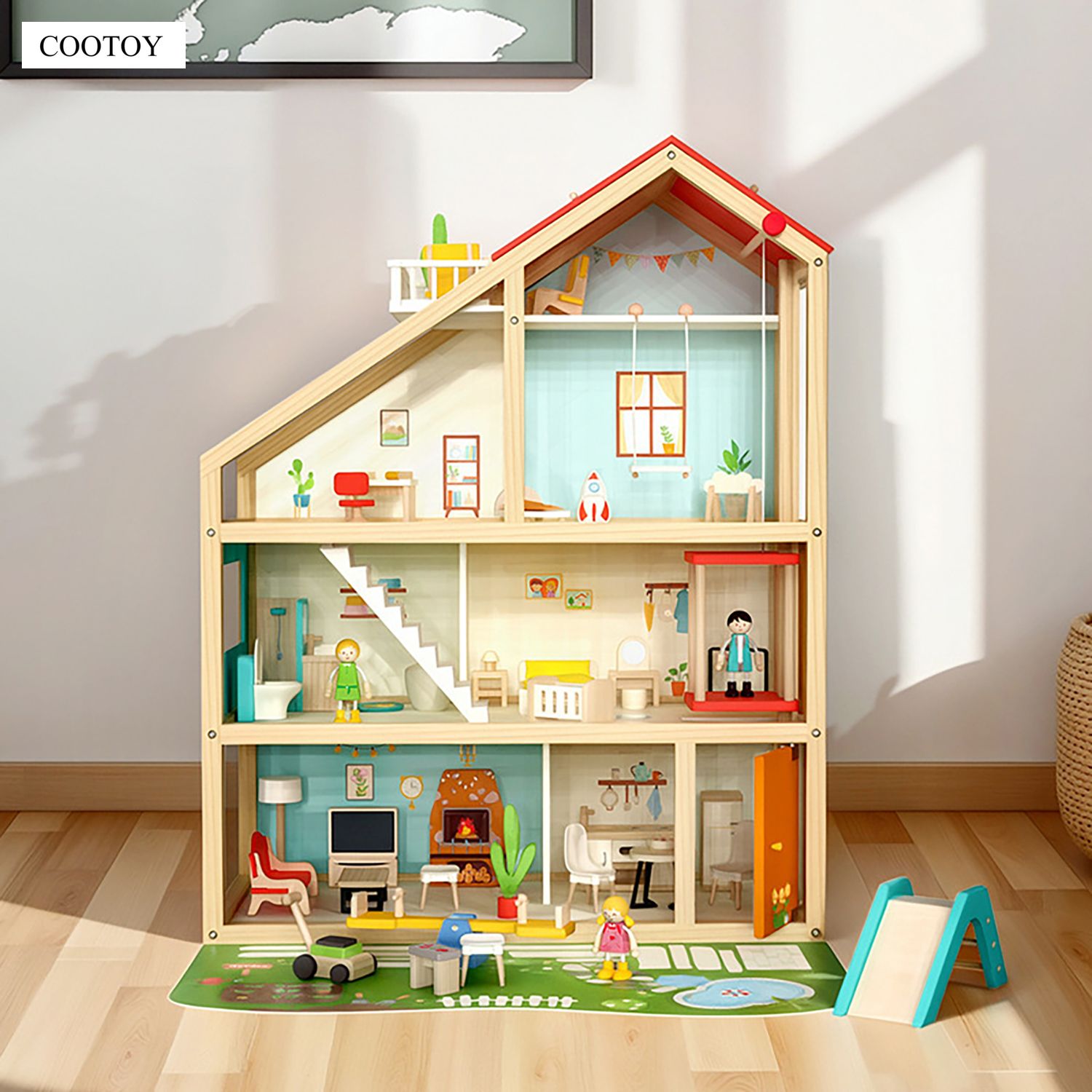 COOTOY Wooden Dollhouse for Kids, DIY Princess Villa Playhouse with Furniture Accessories