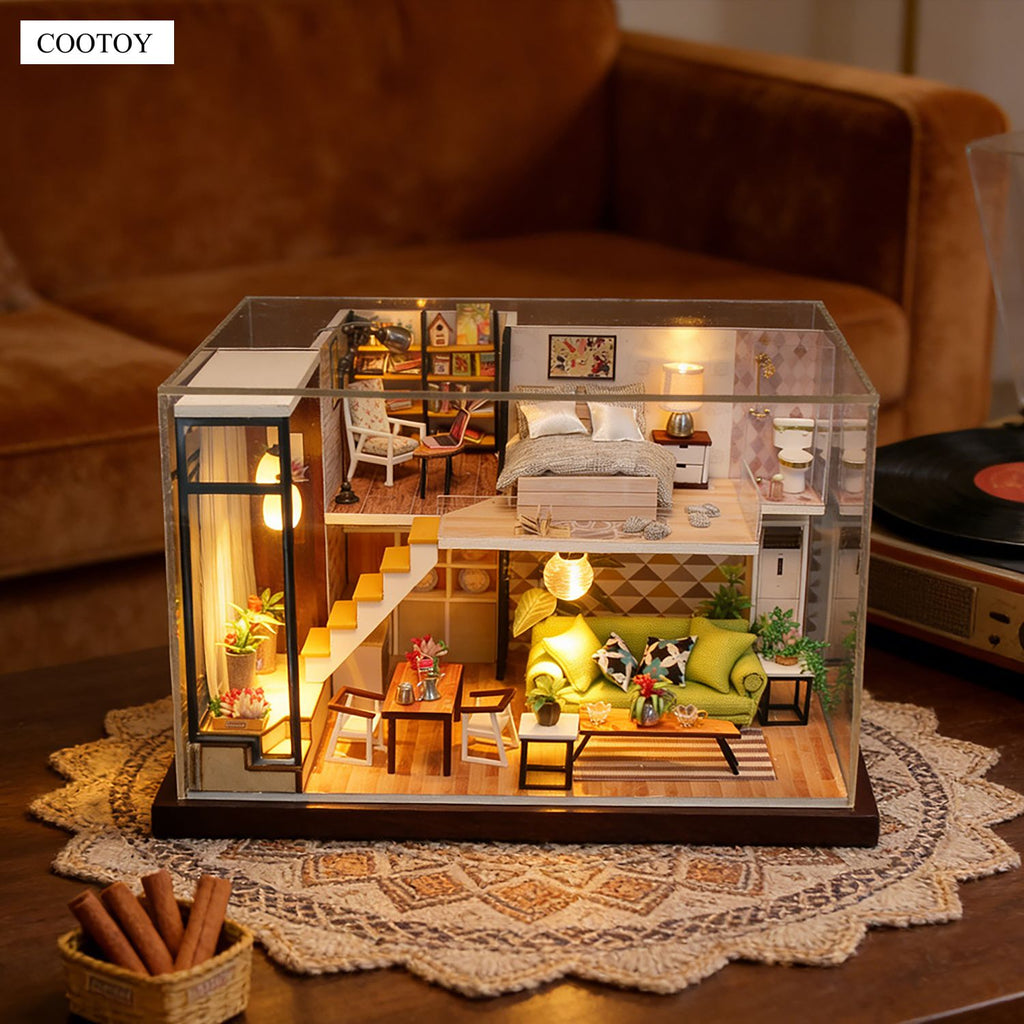 COOTOY DIY Miniature Wooden House Kit, Buildable Mini House Model with Furniture Accessories