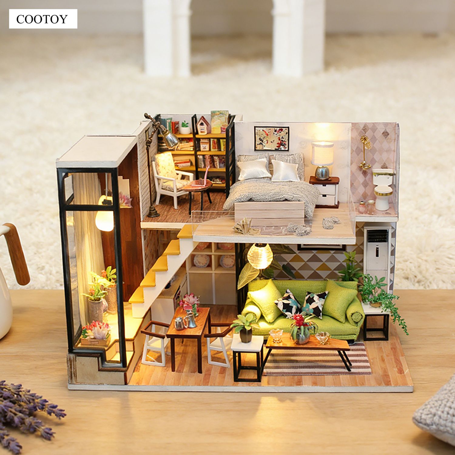 COOTOY DIY Miniature Wooden House Kit, Buildable Mini House Model with Furniture Accessories