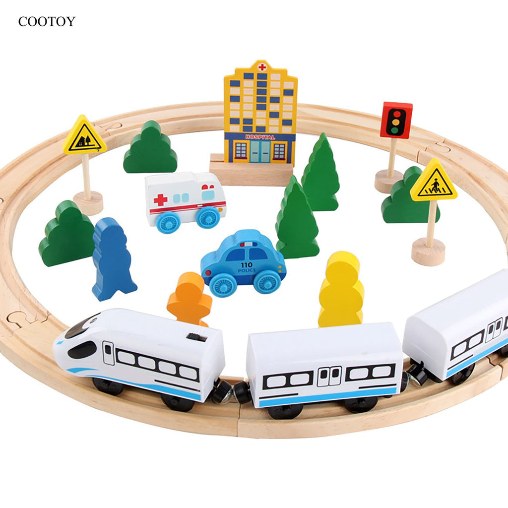 COOTOY Magnetic Wooden Train Set, Battery-Operated Electric Locomotive with Railway Tracks, Transportation Toy Set for Kids