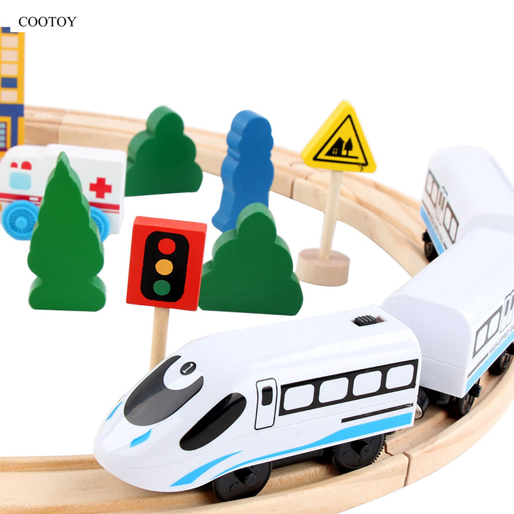 COOTOY Magnetic Wooden Train Set, Battery-Operated Electric Locomotive with Railway Tracks, Transportation Toy Set for Kids