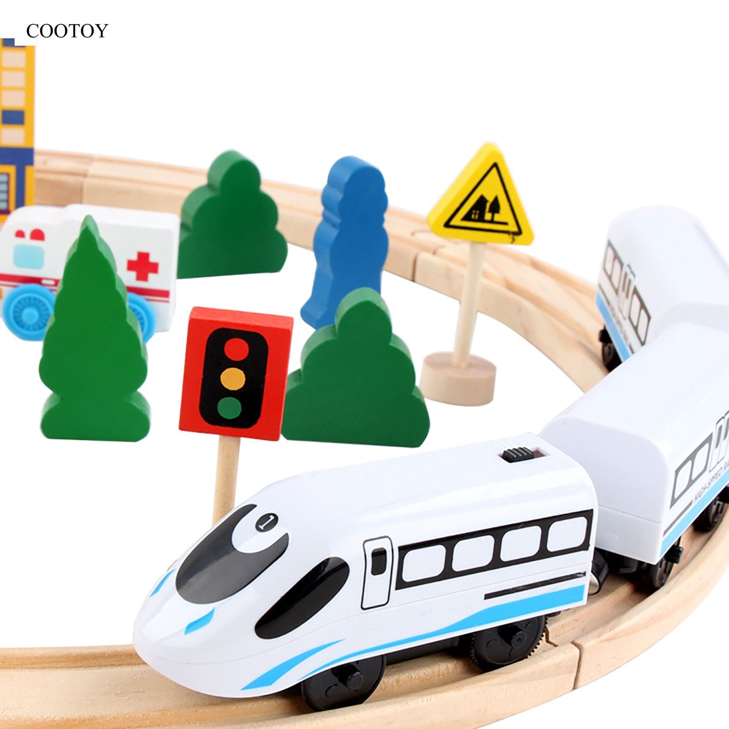 COOTOY Magnetic Wooden Train Set, Battery-Operated Electric Locomotive with Railway Tracks, Transportation Toy Set for Kids