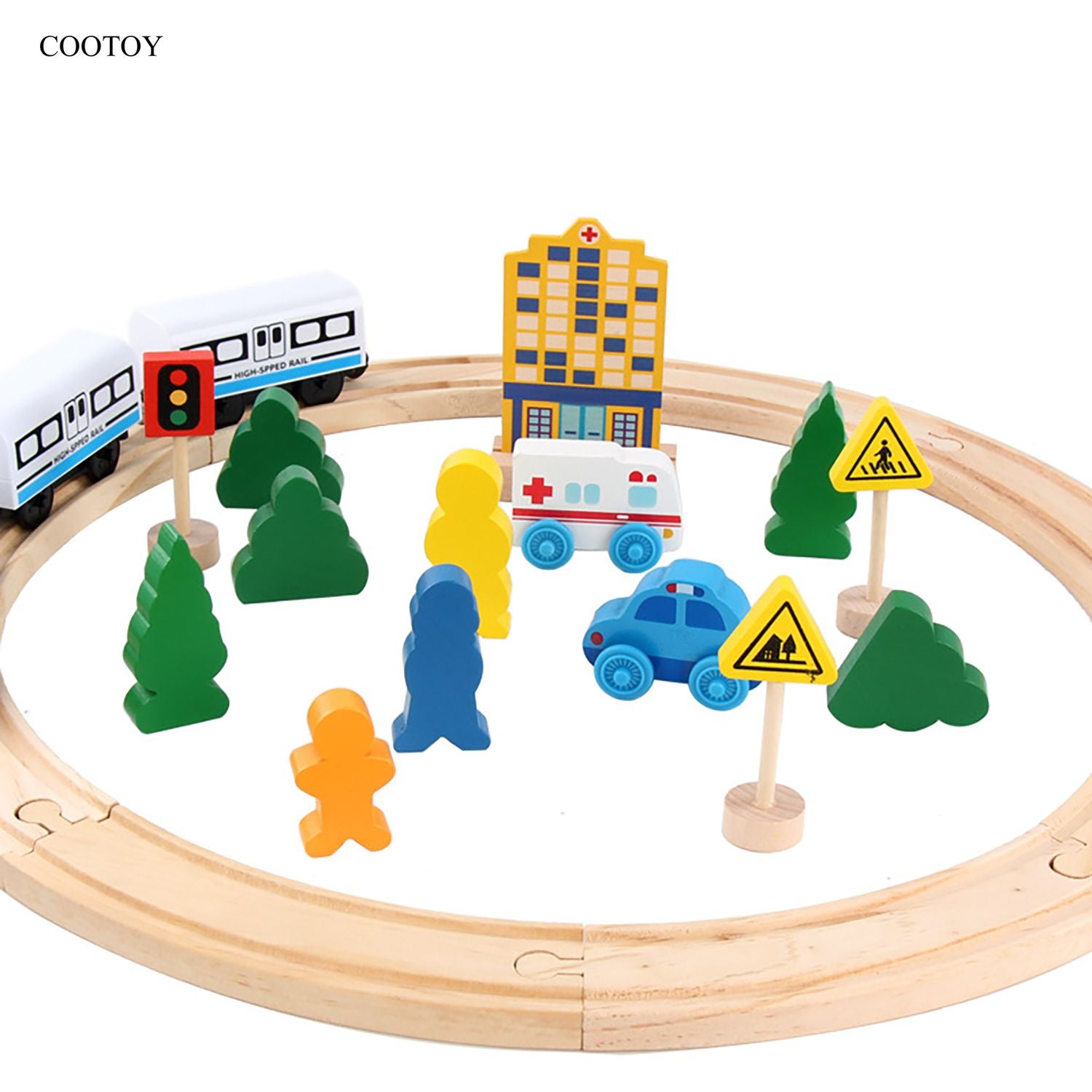 COOTOY Magnetic Wooden Train Set, Battery-Operated Electric Locomotive with Railway Tracks, Transportation Toy Set for Kids