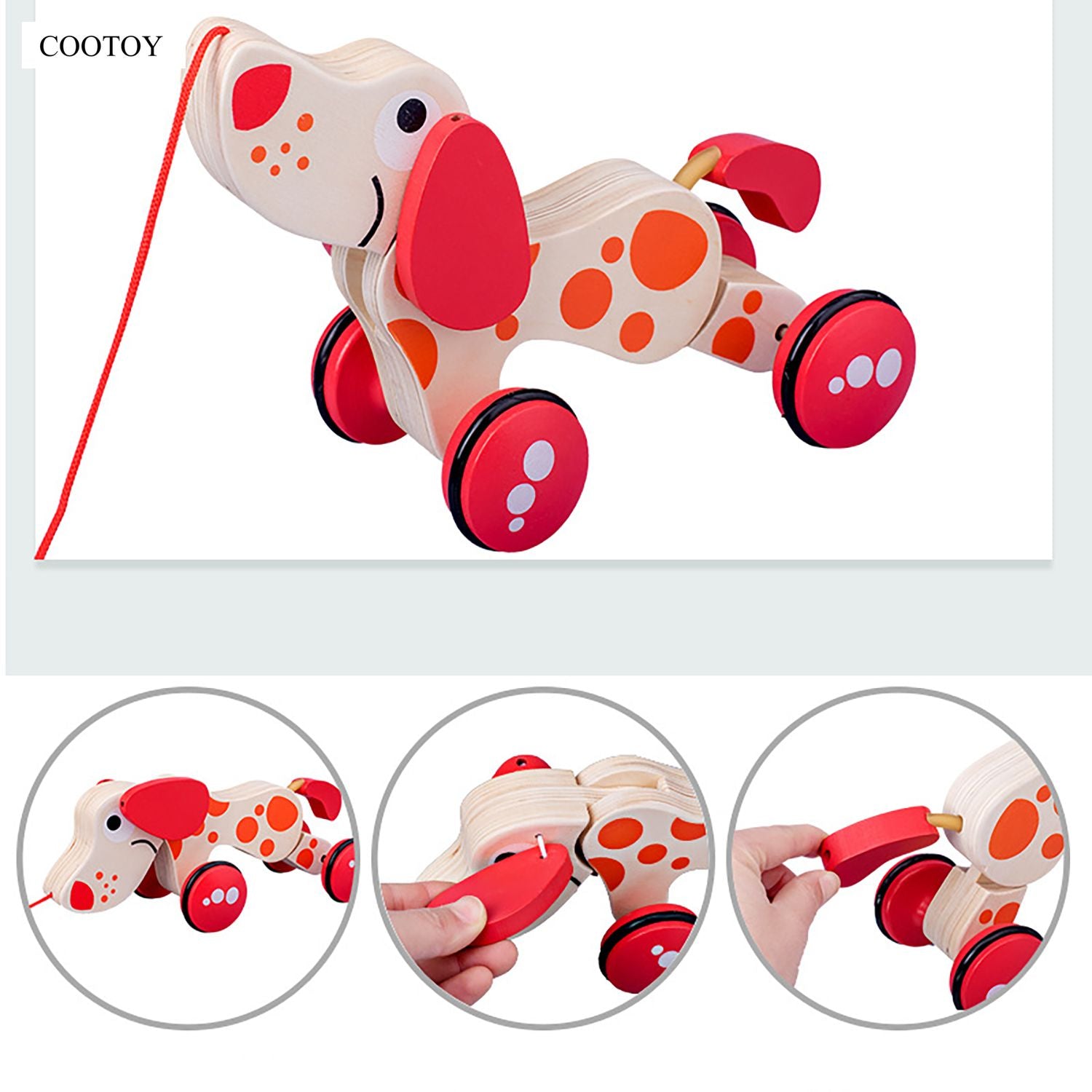 COOTOY Wooden Pull Along Toy for Toddlers, Educational String Pull Toy, Baby Walking Learning Toy