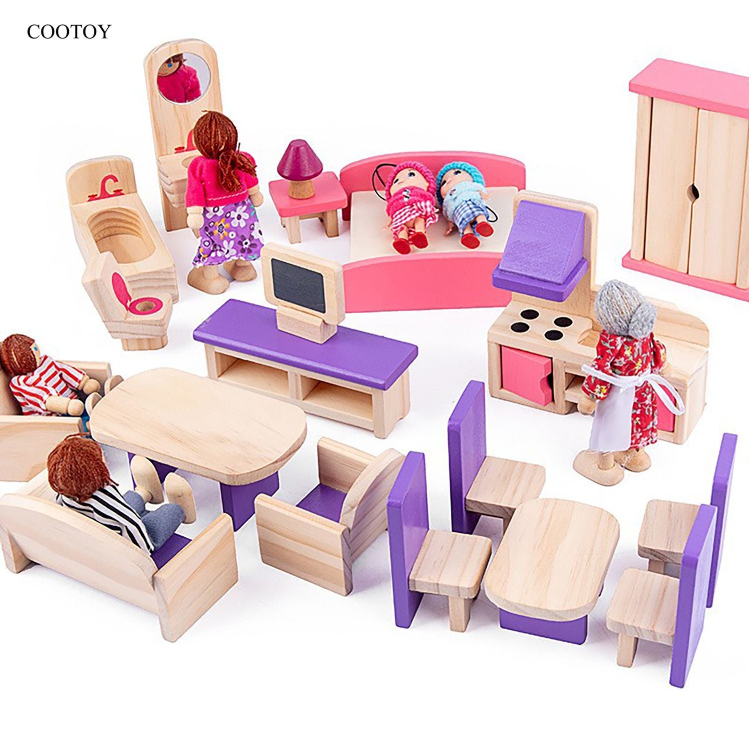 COOTOY Wooden Dollhouse Furniture Set, Miniature Sofa, Cabinet and Wardrobe Accessories