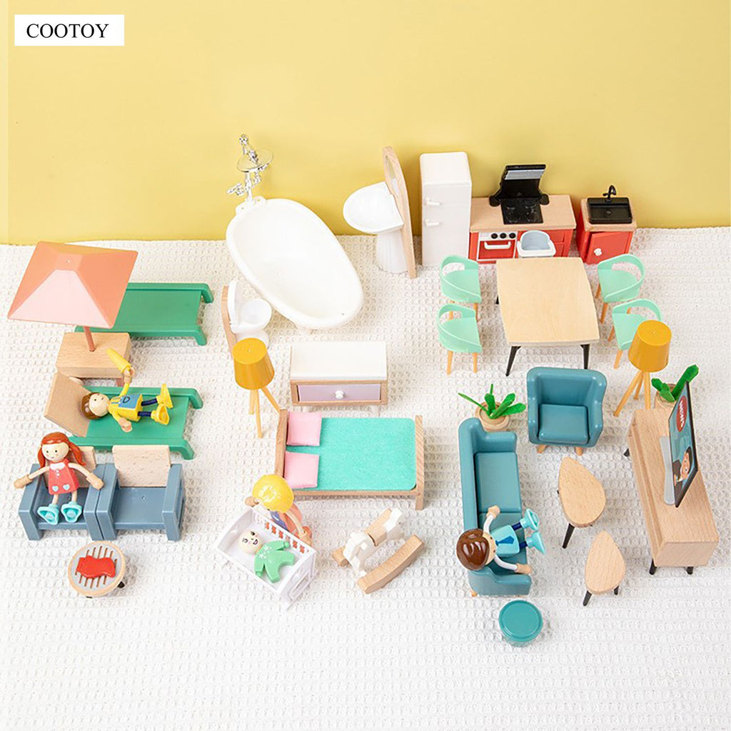 COOTOY Wooden Dollhouse Furniture Set, Miniature Sofa, Cabinet and Wardrobe Accessories