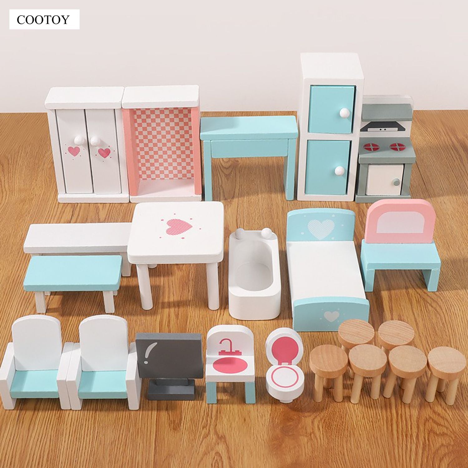 COOTOY Wooden Dollhouse Furniture Set, Miniature Sofa, Cabinet and Wardrobe Accessories