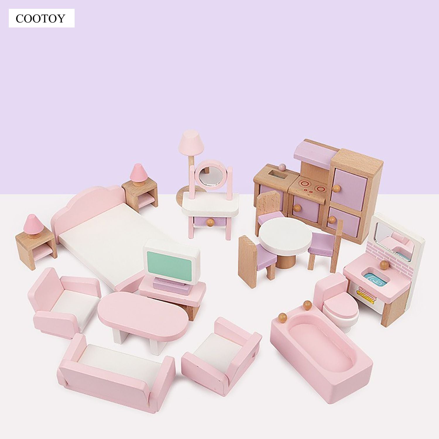 COOTOY Wooden Dollhouse Furniture Set, Miniature Sofa, Cabinet and Wardrobe Accessories