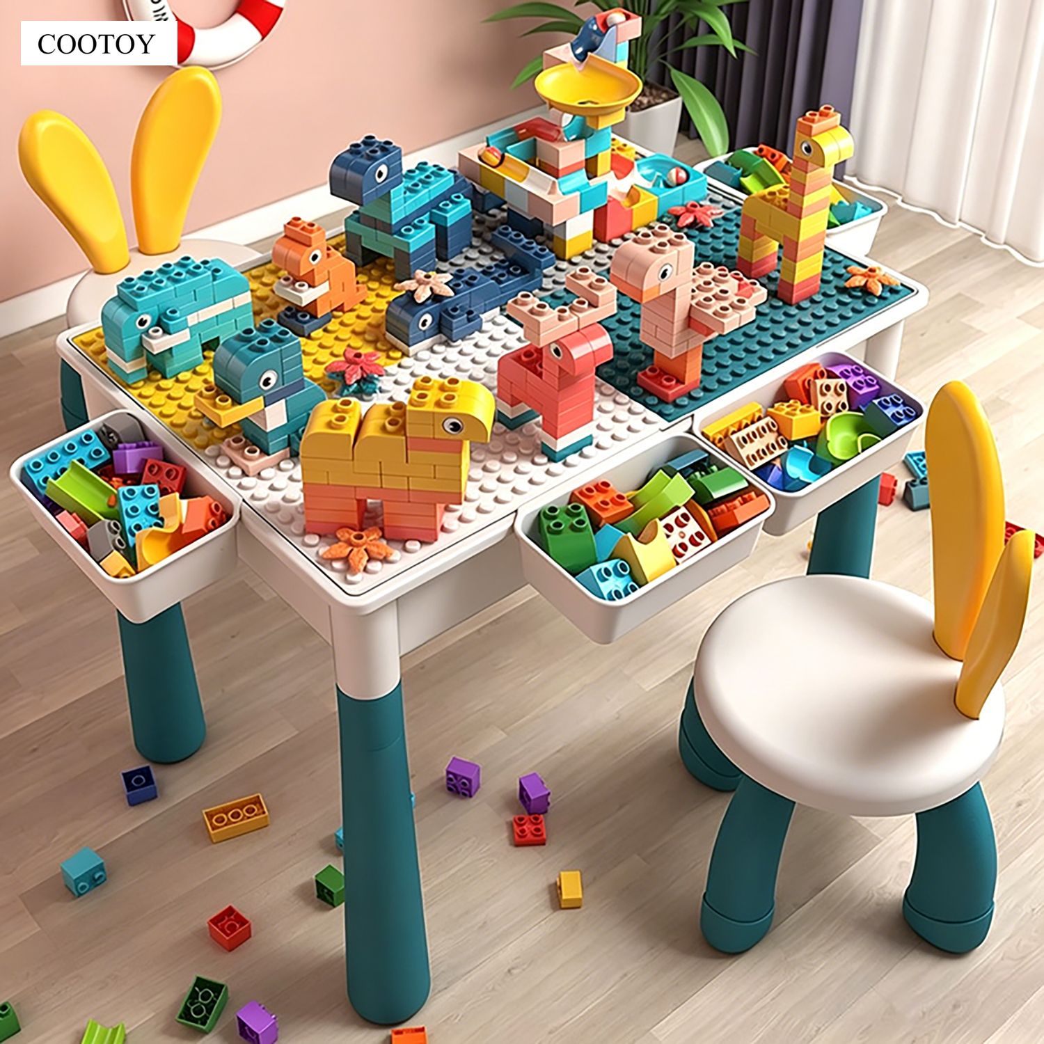 COOTOY Toy Building Blocks Table for Kids, Multi-Function Activity Play Table with Storage