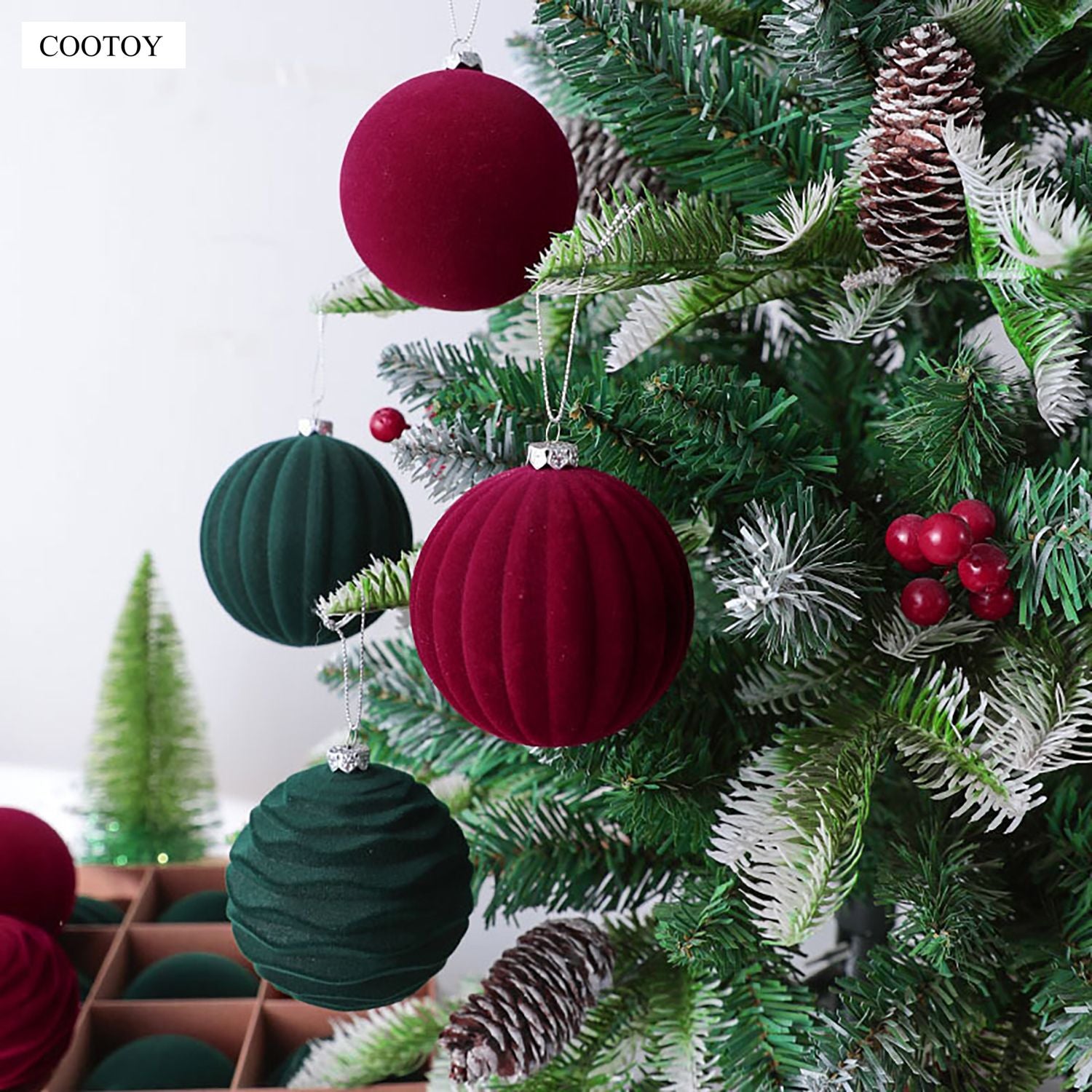 COOTOY 12PCS 8cm Flocked Velvet Christmas Ball Ornaments, Dark Color Christmas Tree Hanging Baubles for Holiday Home Decor