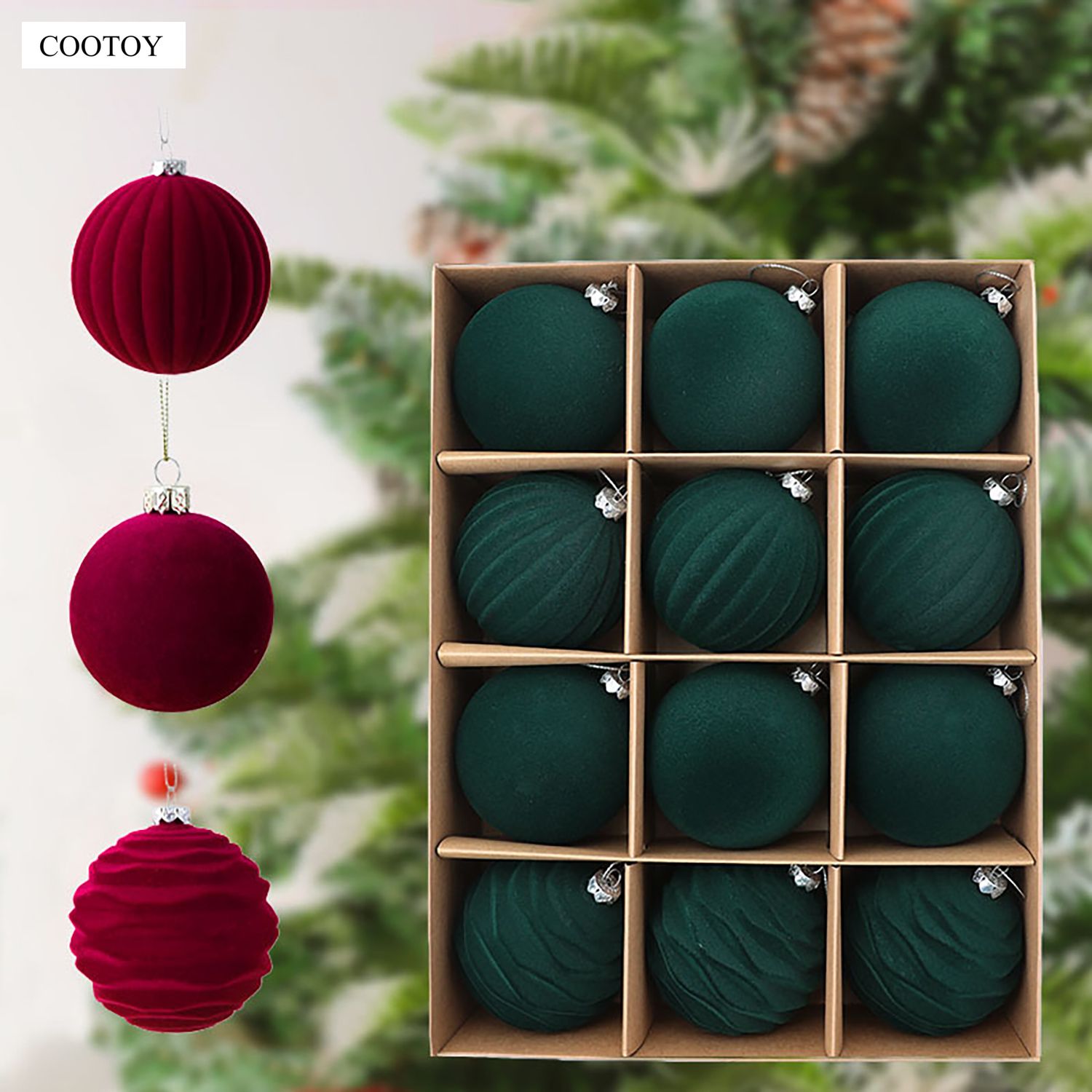 COOTOY 12PCS 8cm Flocked Velvet Christmas Ball Ornaments, Dark Color Christmas Tree Hanging Baubles for Holiday Home Decor