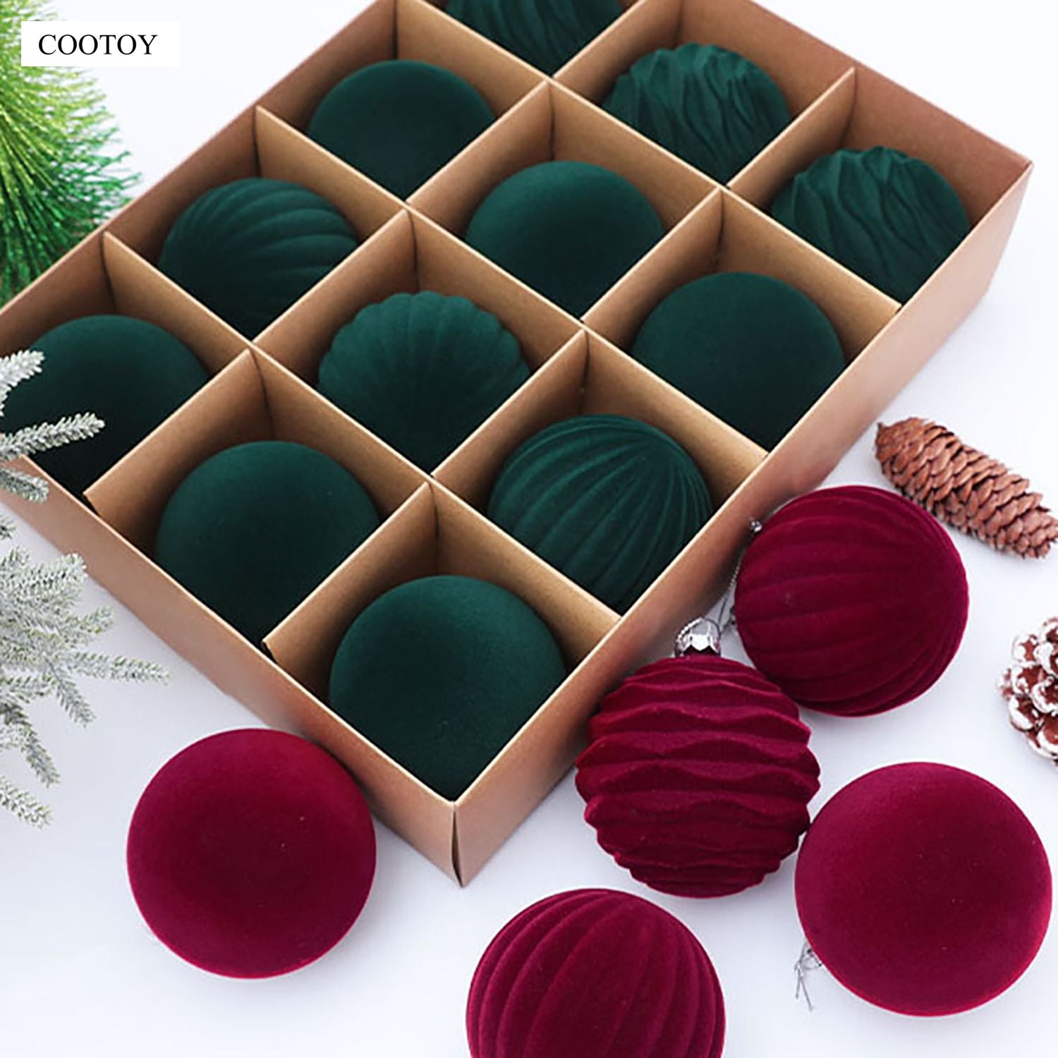 COOTOY 12PCS 8cm Flocked Velvet Christmas Ball Ornaments, Dark Color Christmas Tree Hanging Baubles for Holiday Home Decor